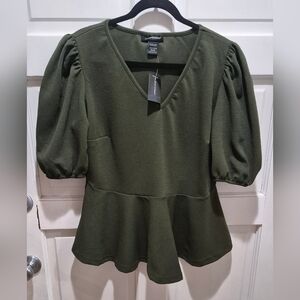 Ashley Stewart Olive Textured Peplum Top Puff Sleeve Stretch Size 14/16 NWT